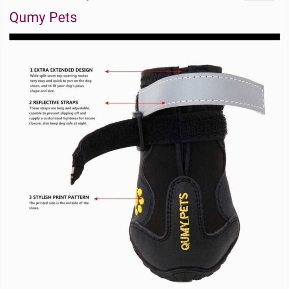 NEW QUMY dog boot with a black upper, yellow paw print, and reflective straps. S